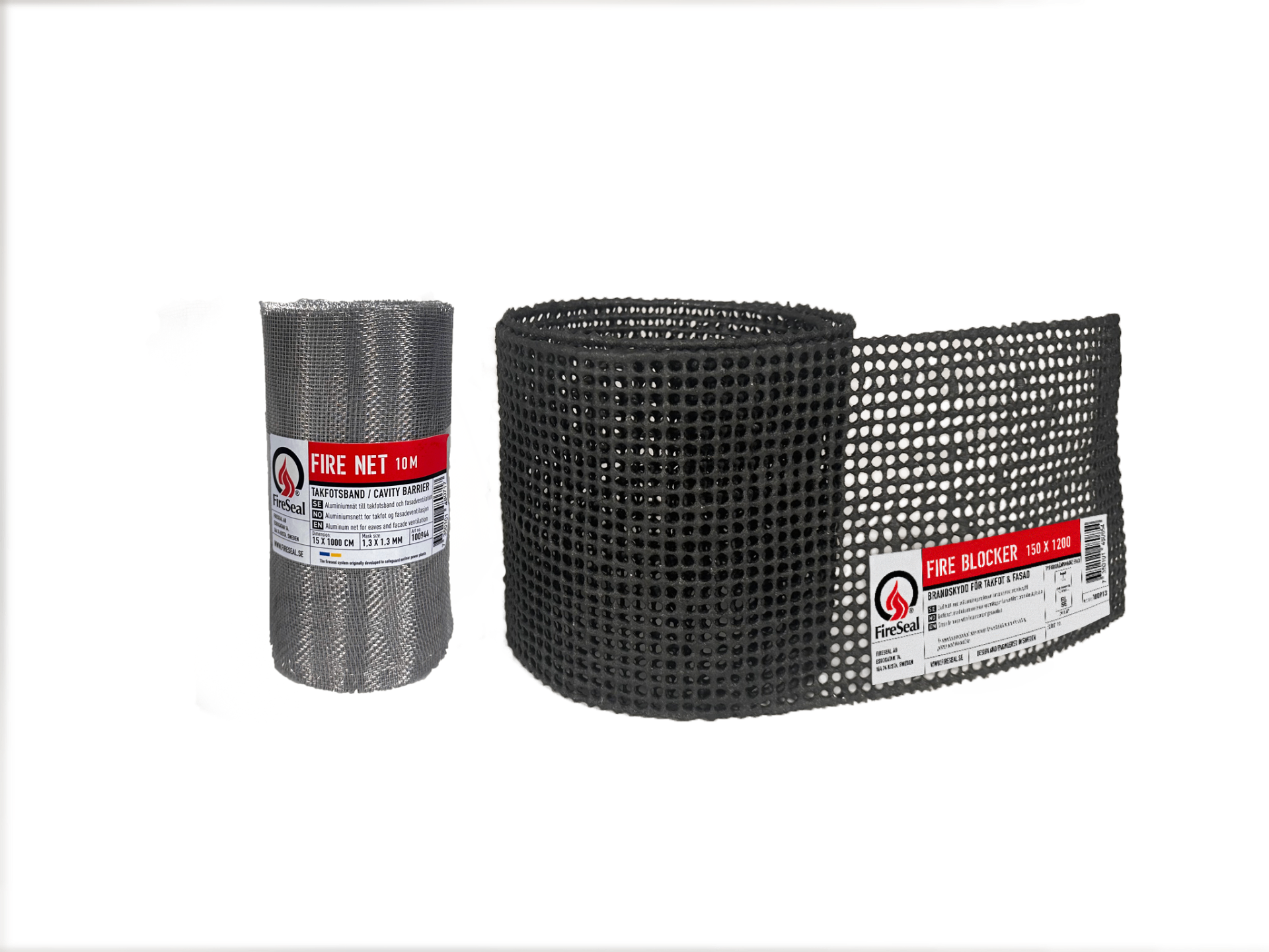 Fire Blocker og Fire Net produktruller med etiketter