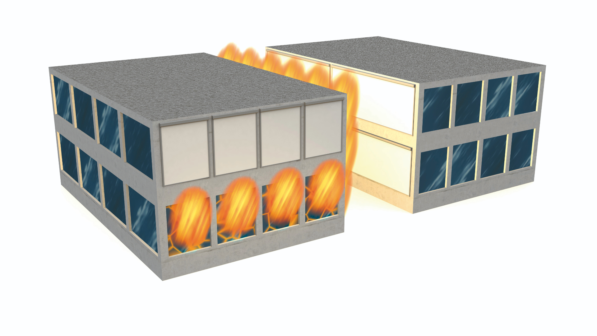 3D-illustrasjon: branngardin mellom to sammenkoblede bygninger