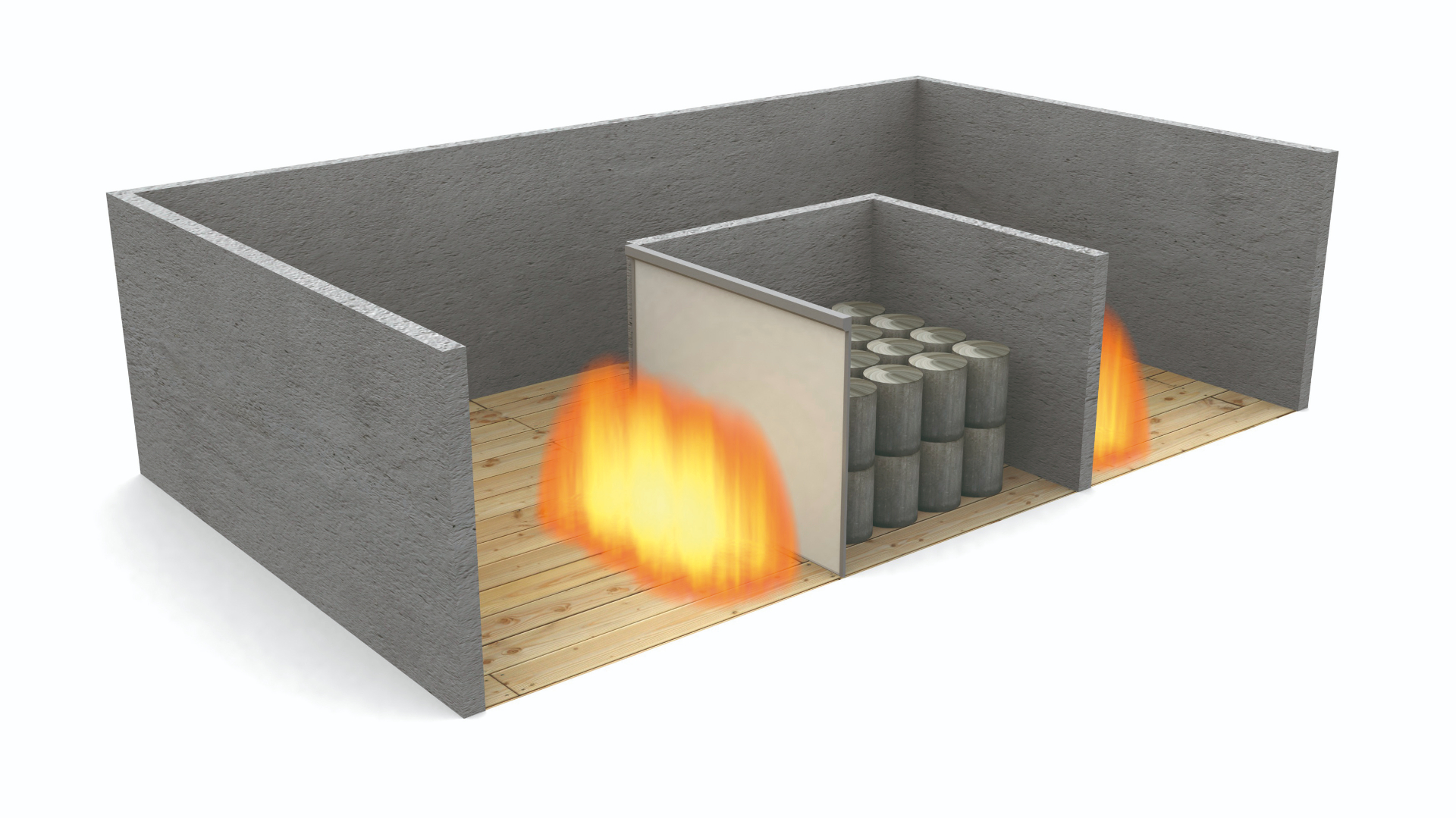 3D-illustrasjon av branngardin som beskytter lager med kjemikalier