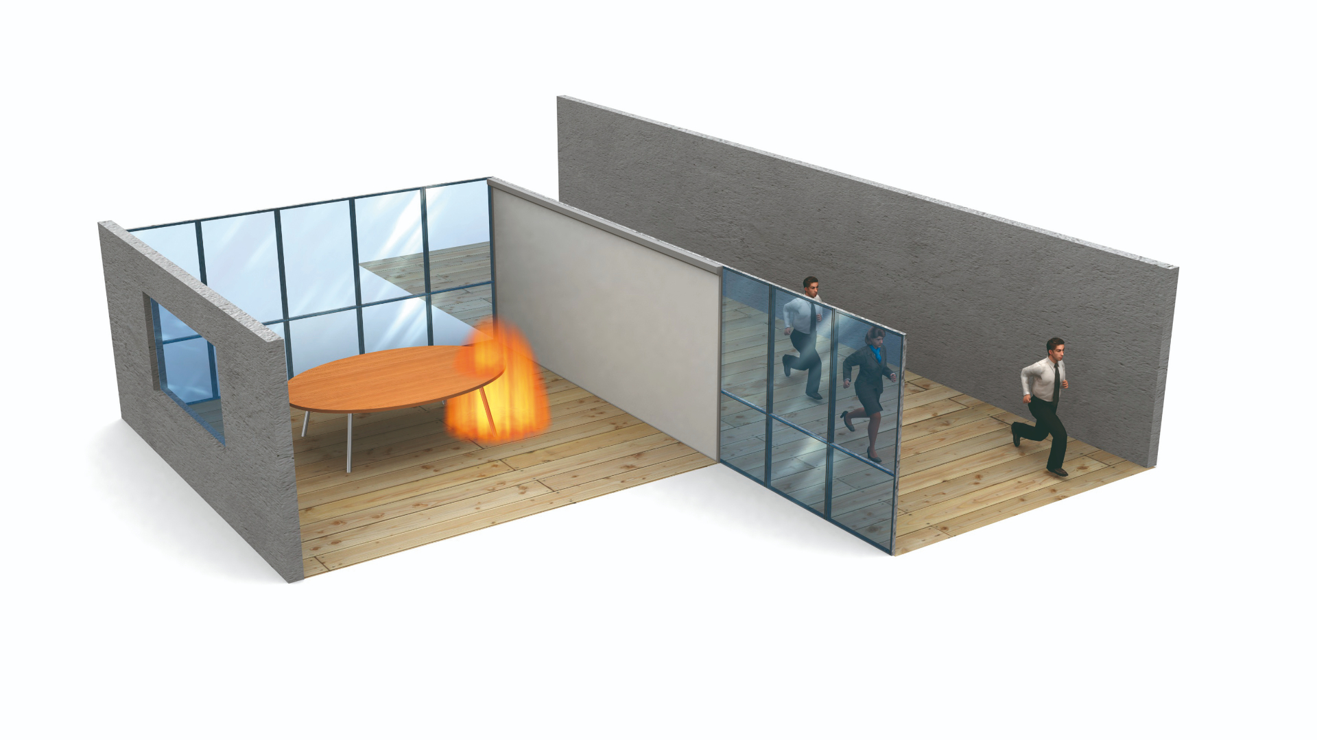 3D-illustrasjon av branngardin som beskytter kontor ved evakuering