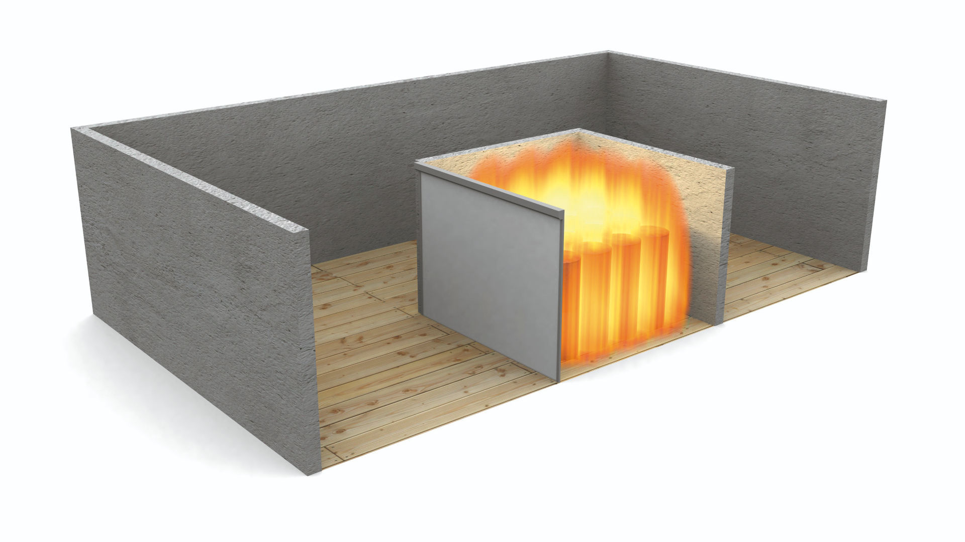 3D-illustrasjon av brannskyveport som stopper brann i innvendig åpning